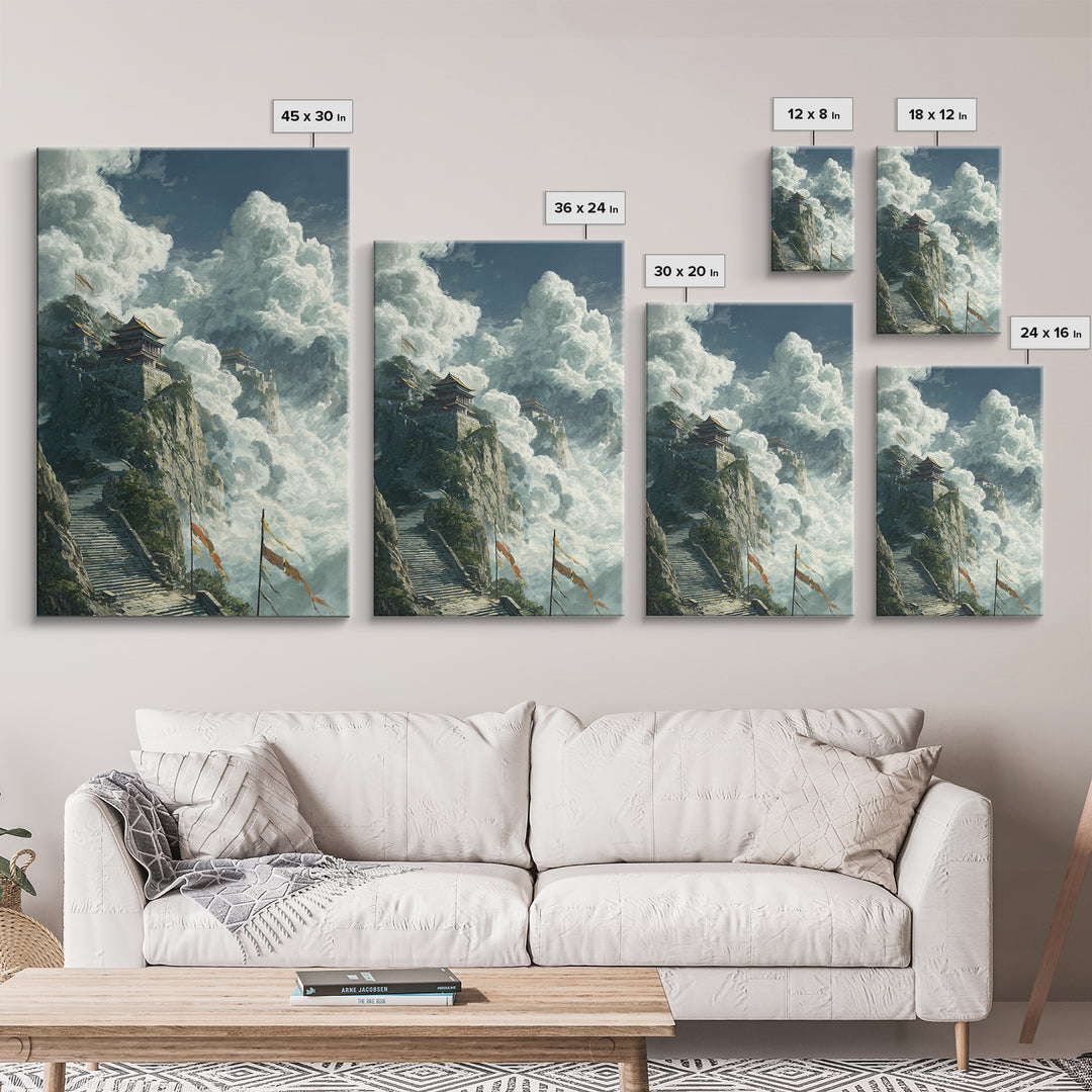 Epic Mountainous Landscape With Towering Clouds And Ancient Temple Original Scenic Wall Art Framed Canvas Print Dramatic Nature Painting