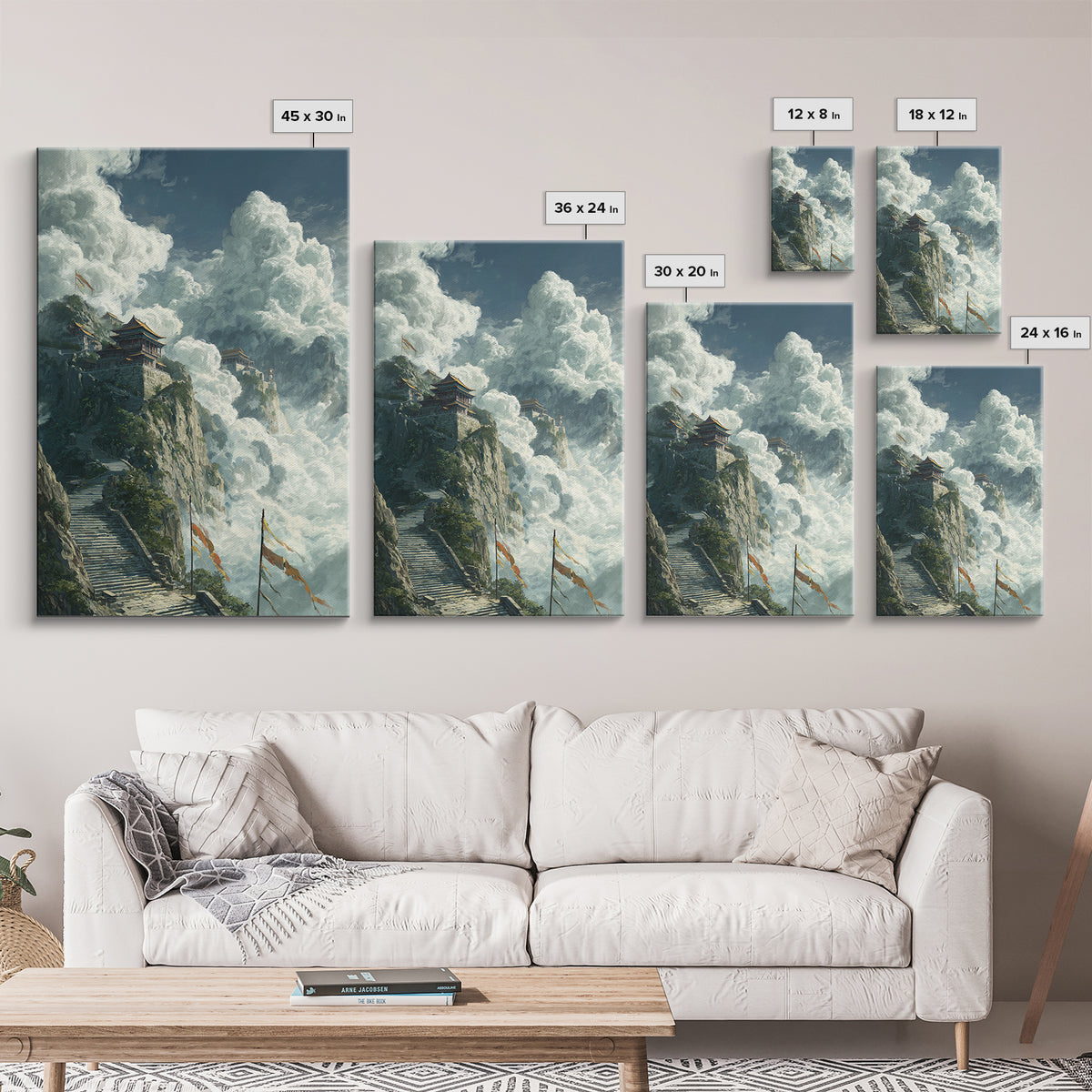 Epic Mountainous Landscape With Towering Clouds And Ancient Temple Original Scenic Wall Art Framed Canvas Print Dramatic Nature Painting