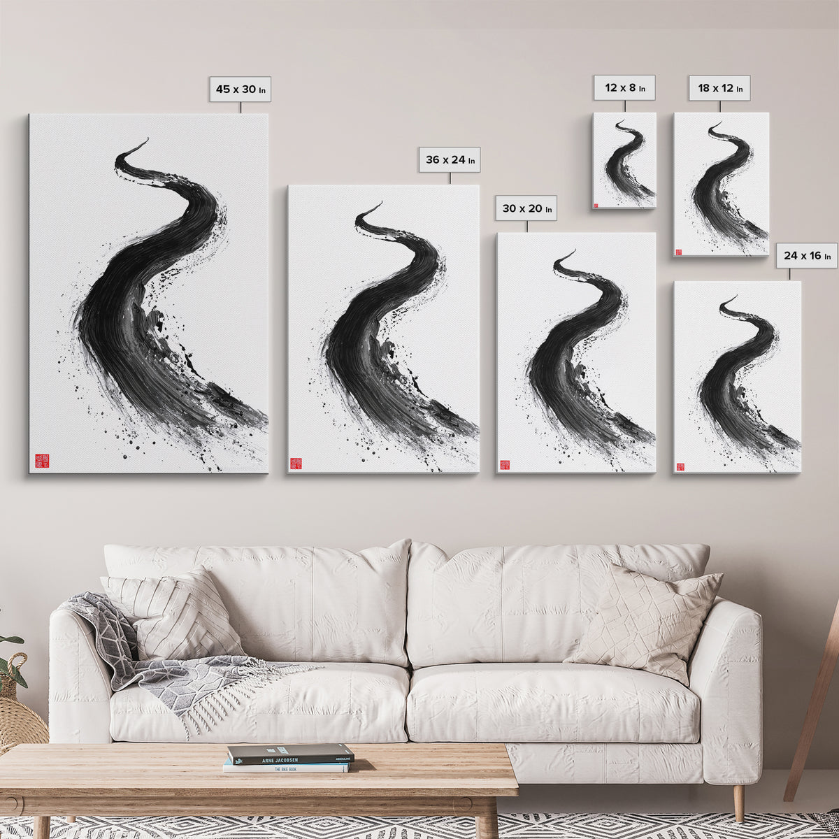 Dynamic Abstract Black Ink Brush Stroke Flow Calligraphy Art Print Minimalist Wall Art For Modern Home Decor Framed Canvas Print