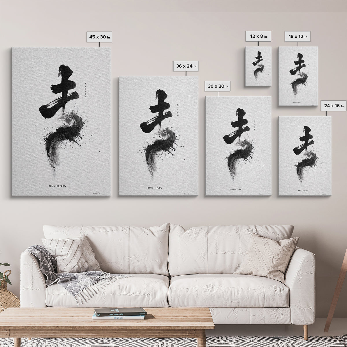 Zen Brush Stroke Calligraphy Art With Stiliness Text Minimalist Black And White Wall Art Framed Canvas Print Decor