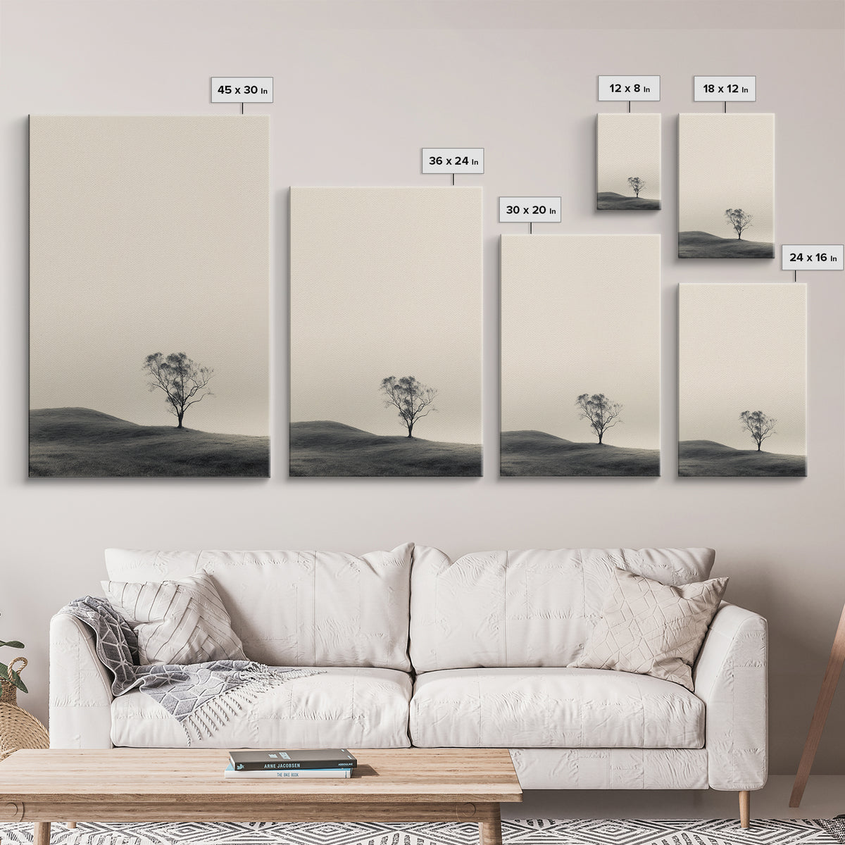 Solitary Tree Landscape Black White Minimalist Nature Wall Art Print Framed Canvas Print For Modern Home Decor