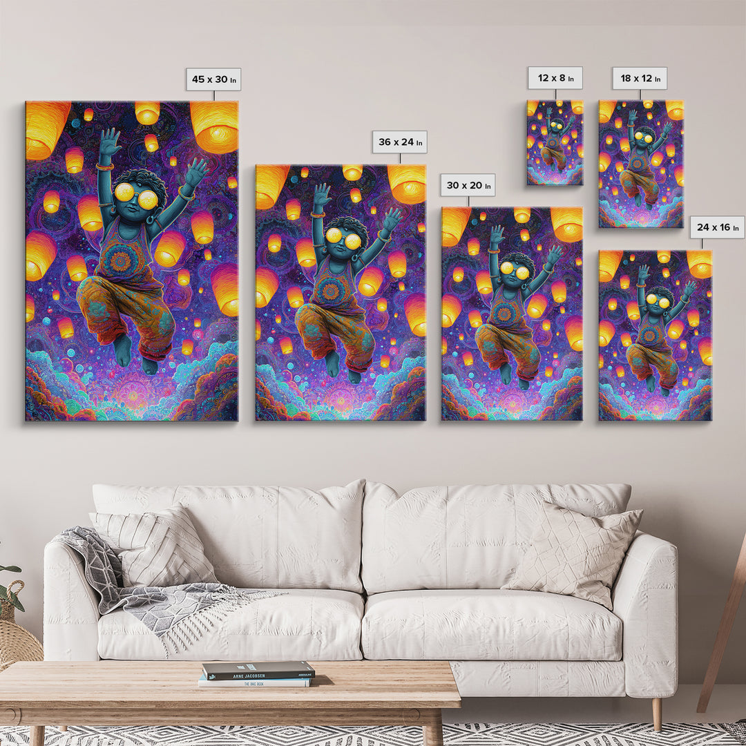 Joyful Blue Child With Lanterns Colorful Abstract Painting Wall Art For Kids Room