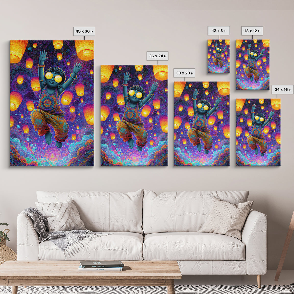 Joyful Blue Child With Lanterns Colorful Abstract Painting Wall Art For Kids Room