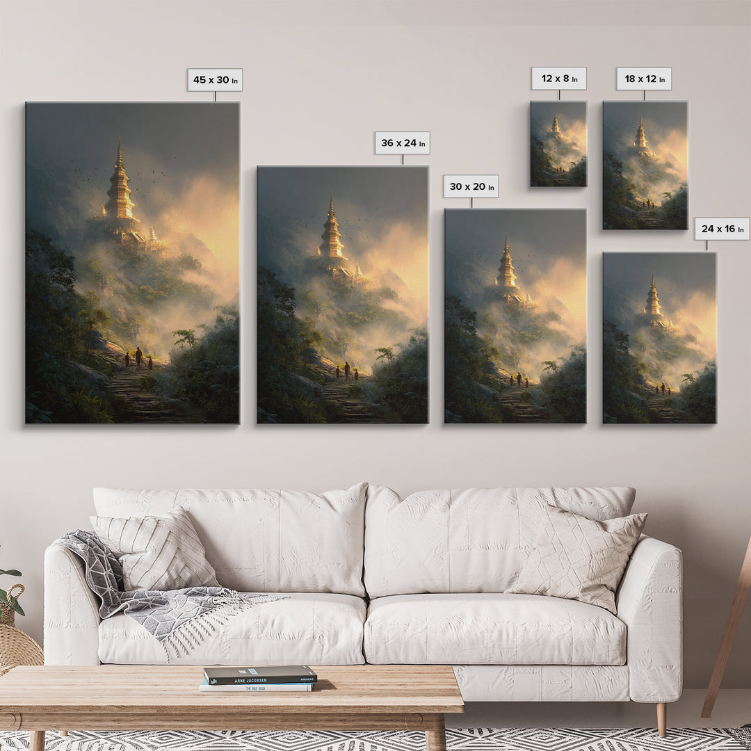 Mystical Misty Mountain Temple Landscape Wall Art Canvas Print For Spiritual Home Decor And Calming Living Room Decoration
