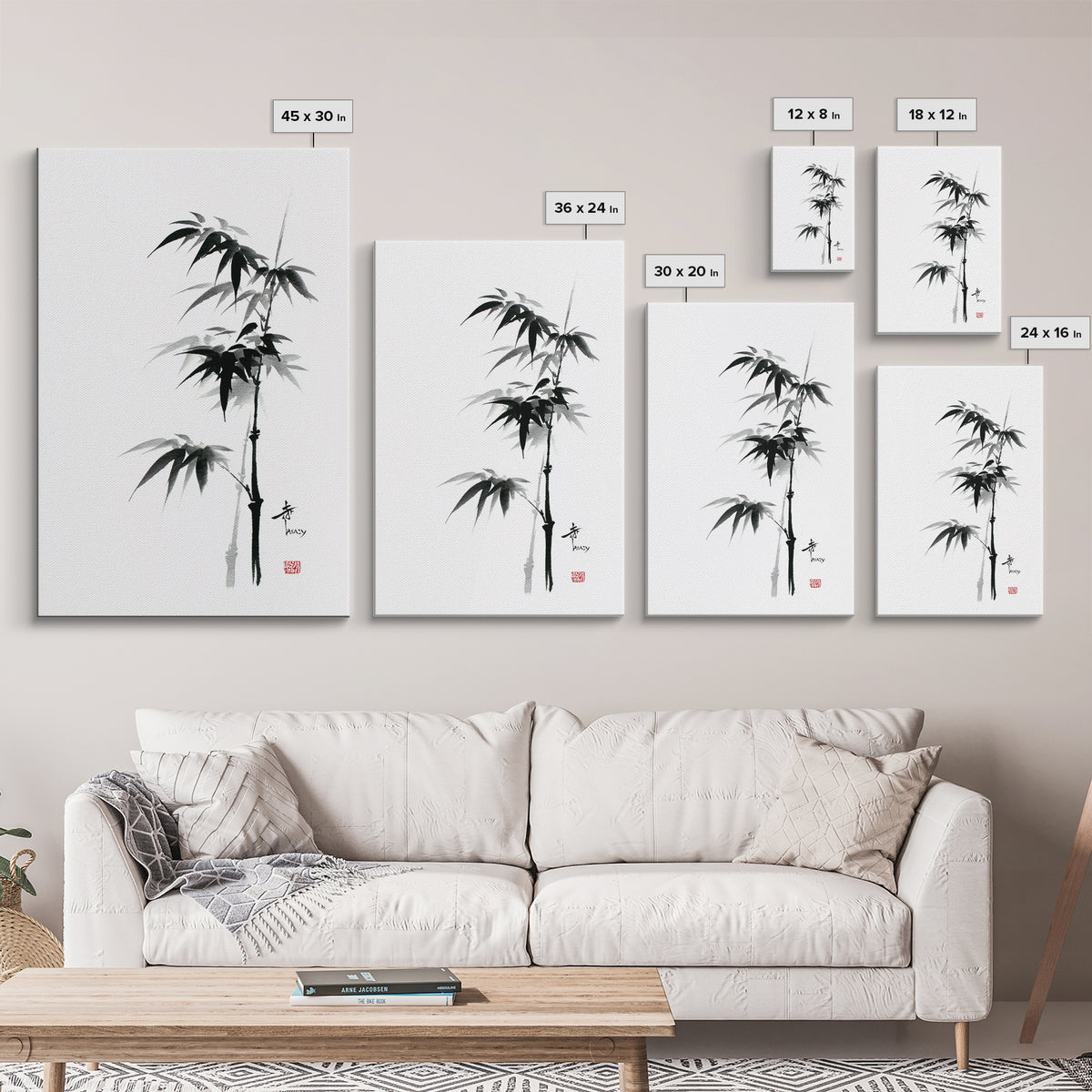 Traditional Black Ink Bamboo Painting Canvas Print, Japanese Sumi-e Style Wall Art, Elegant Minimalist Home Decor