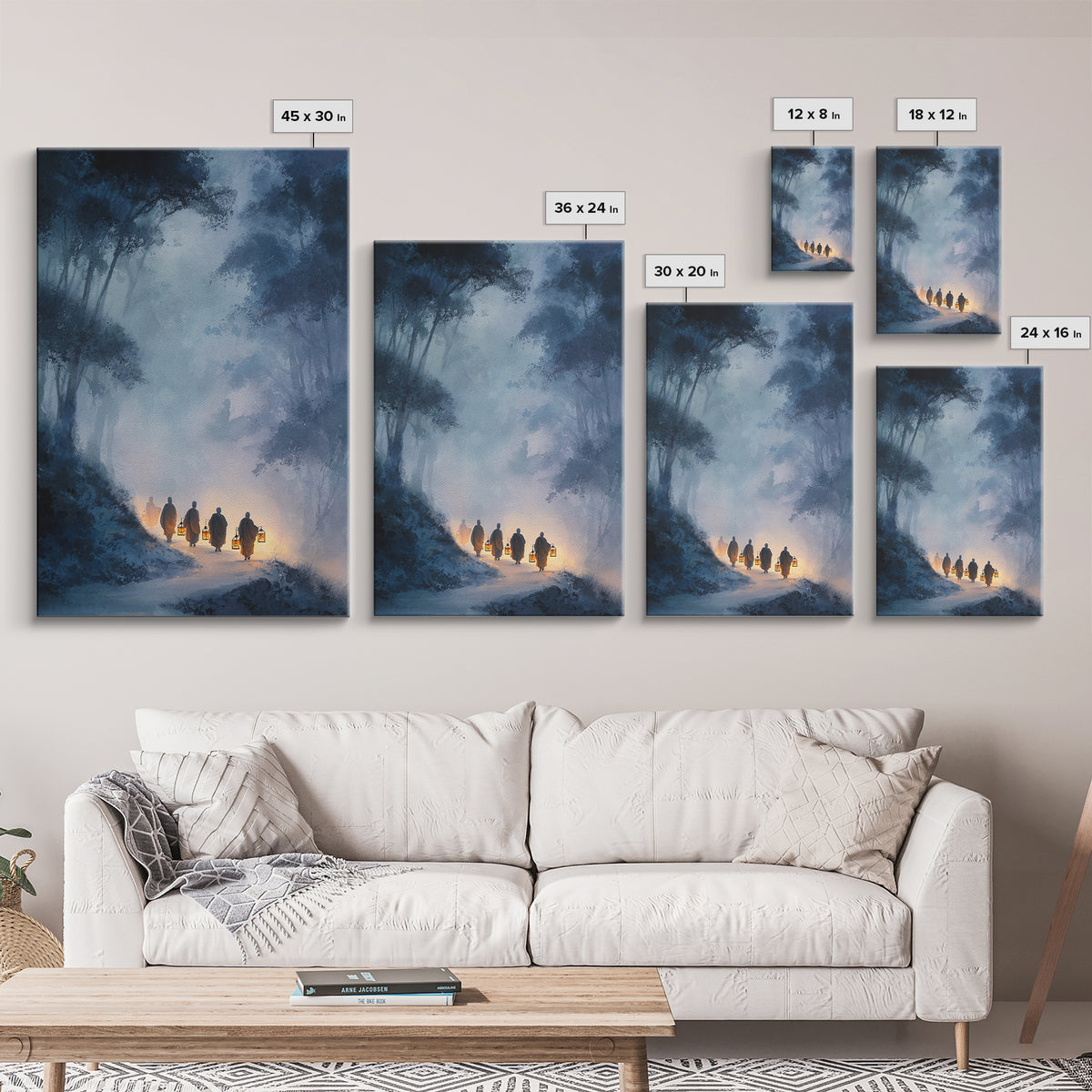 Mystical Buddhist Monks Carrying Lanterns Through Misty Forest Path Wall Art Print For Tranquil Home Decor