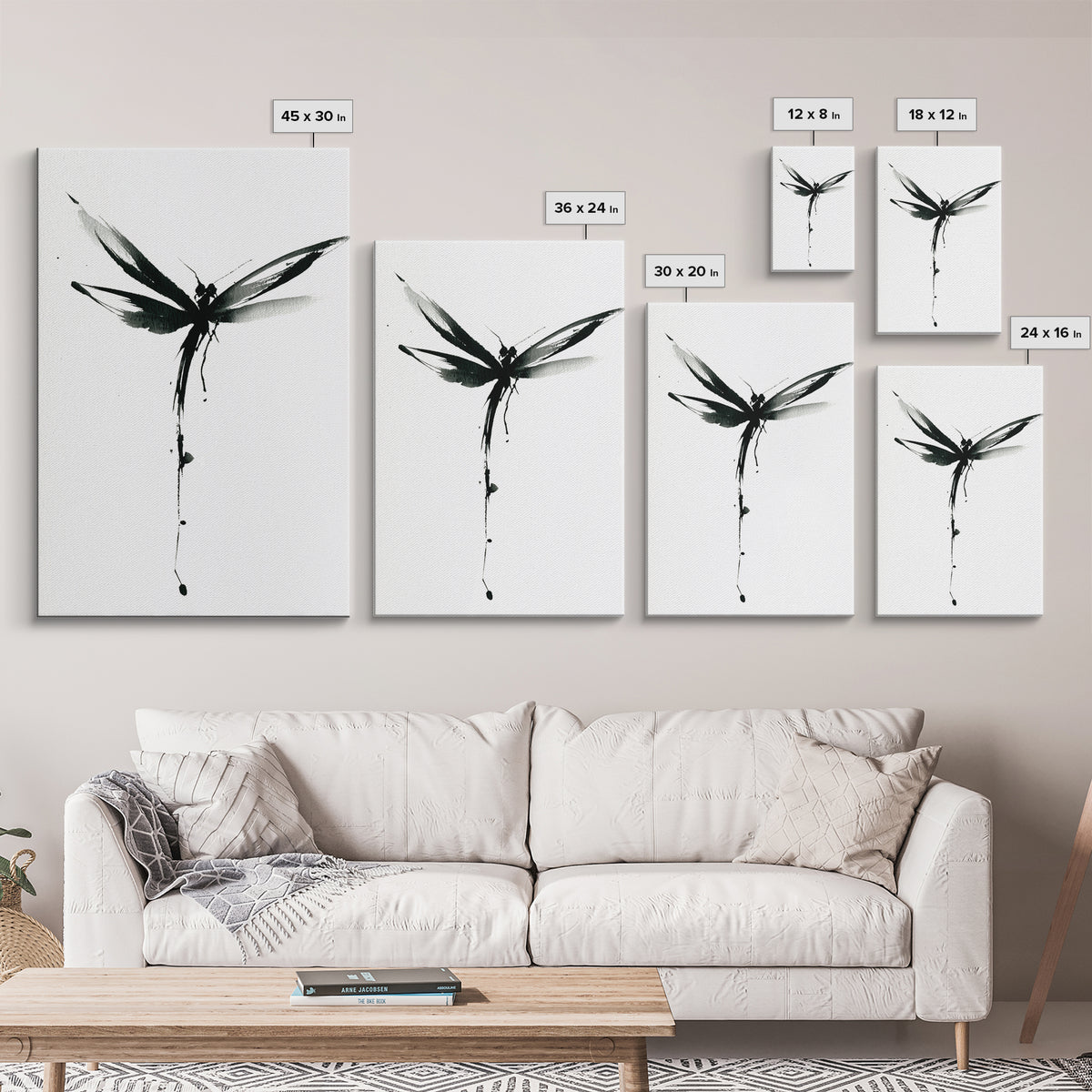 Minimalist Black Ink Dragonfly Wall Art Print Monochrome Canvas Print For Bedroom And Living Room Decor