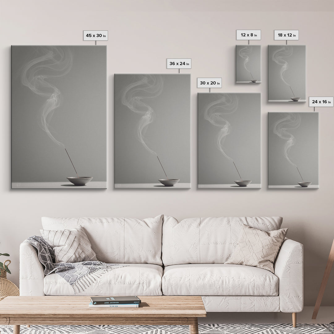 Mystical Incense Stick With Smoke Swirls On Minimalist Gray Background Canvas Print For Relaxation Spaces
