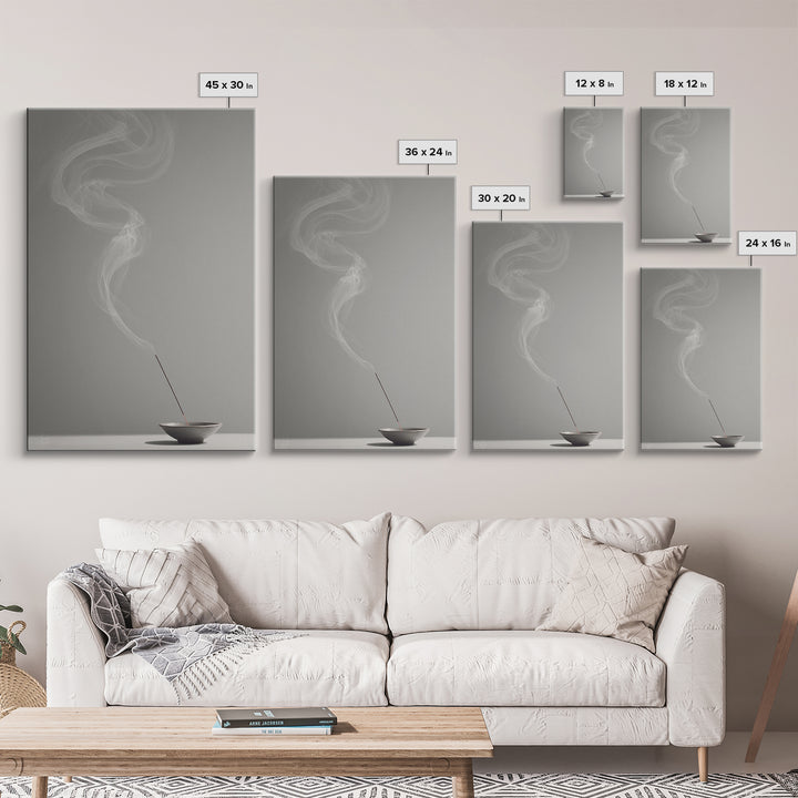 Mystical Incense Stick With Smoke Swirls On Minimalist Gray Background Canvas Print For Relaxation Spaces