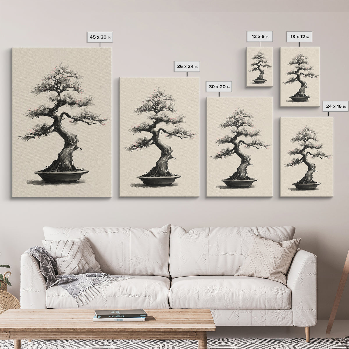 Delicate Bonsai Tree Traditional Ink Style Painting Wall Art Framed Canvas Print For Japanese Inspired Home Decor