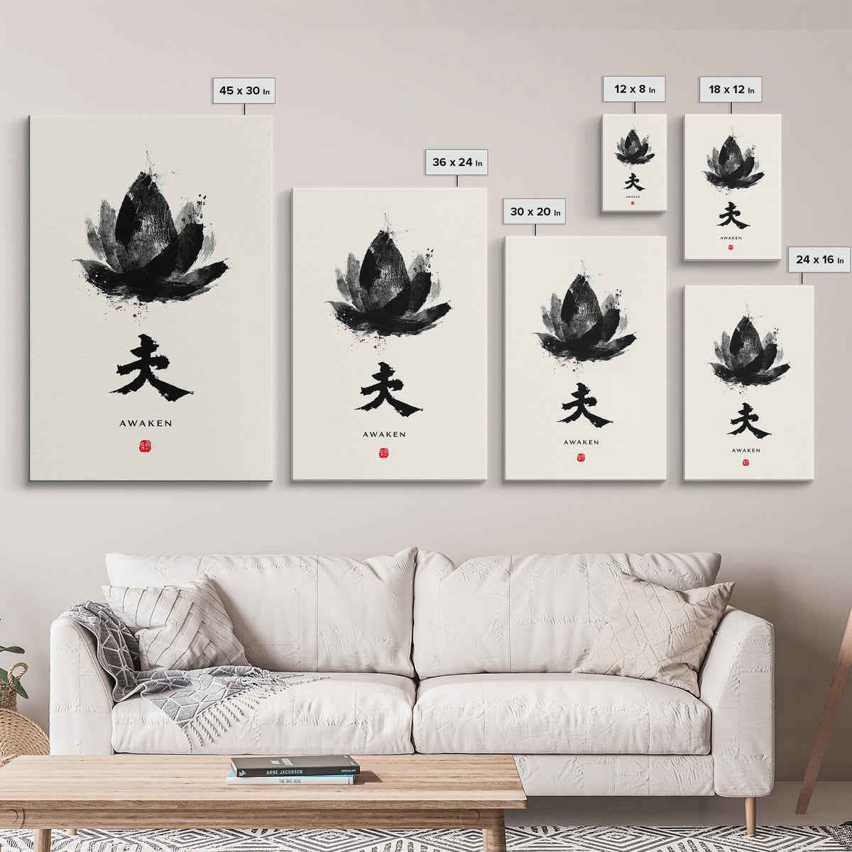 Abstract Black Lotus Flower Zen Awaken Japanese Calligraphy Painting Wall Art Framed Canvas Print Minimalist Home Decor