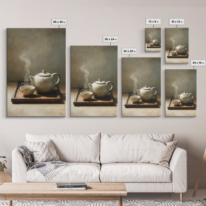 Minimalist Still Life With White Ceramic Teapot And Cup Steam Rising Wall Art Print Modern Canvas Print