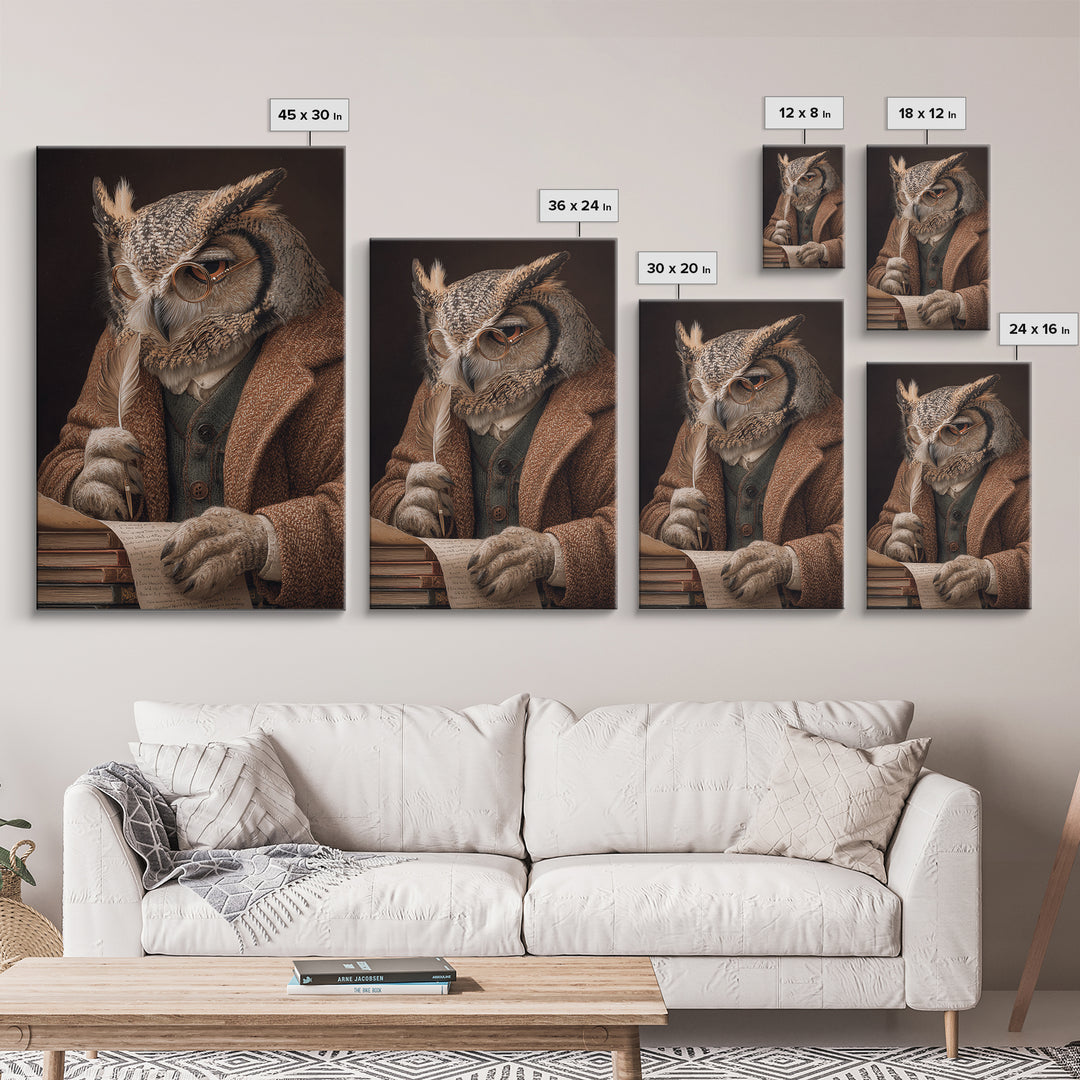 Wise Owl Scholar With Quill Wall Art, Whimsical Animal Portrait, Dark Academia Library Decor, Bird Art Print, Unique Gift
