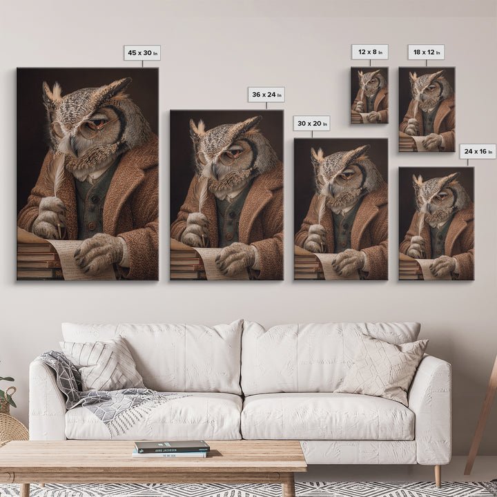 Wise Owl Scholar With Quill Wall Art, Whimsical Animal Portrait, Dark Academia Library Decor, Bird Art Print, Unique Gift