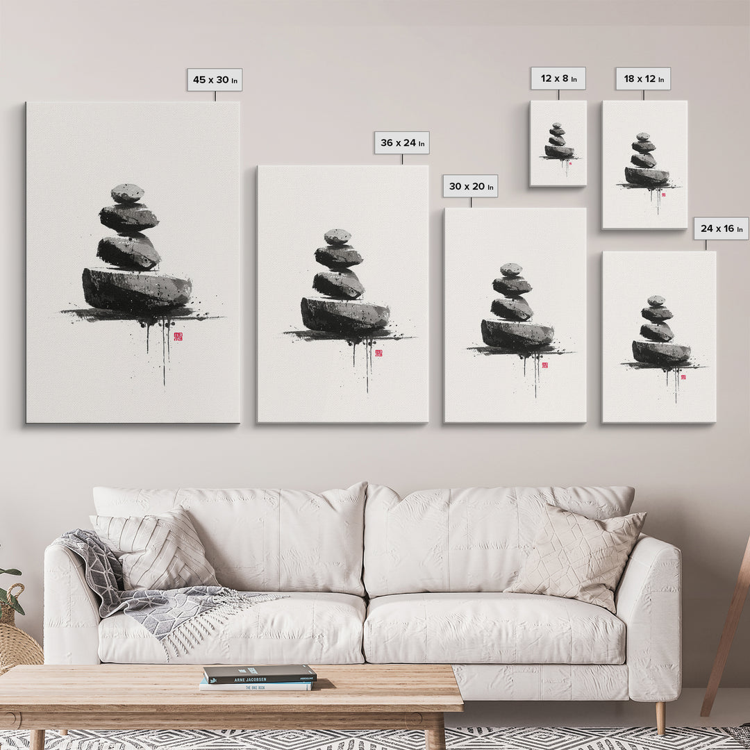 Zen Rock Balancing Japanese Ink Style Minimalist Wall Art Black And White Canvas Print For Modern Home Decor