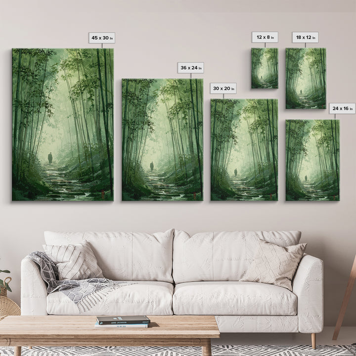 Quiet Green Bamboo Forest Path With Figure Walking Amongmist Framed Canvas Print For Serene Nature Wall Art And Home Decor