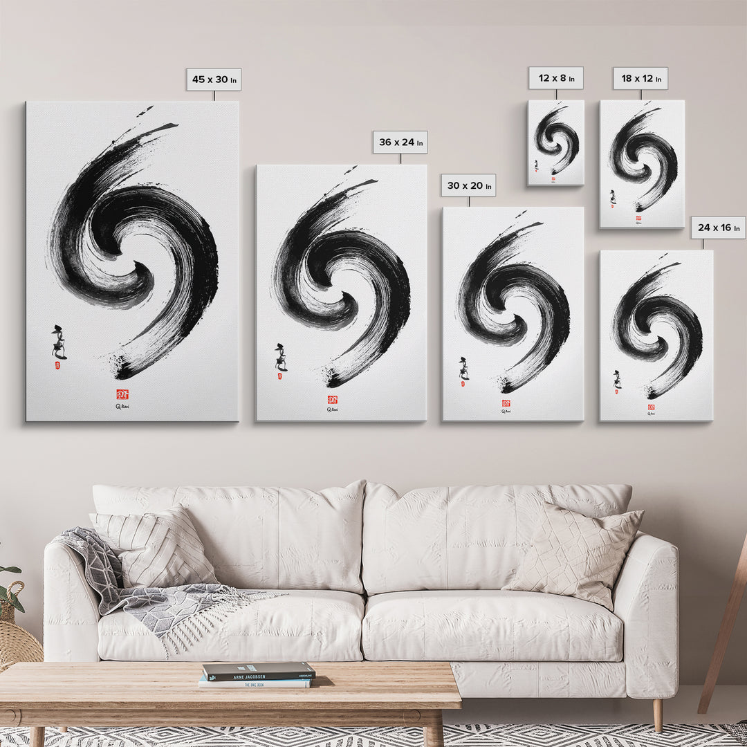 Zen Swirling Ink Brush Stroke Abstract Wall Art Minimalist Black And White Canvas Print For Modern Home Decor And Office