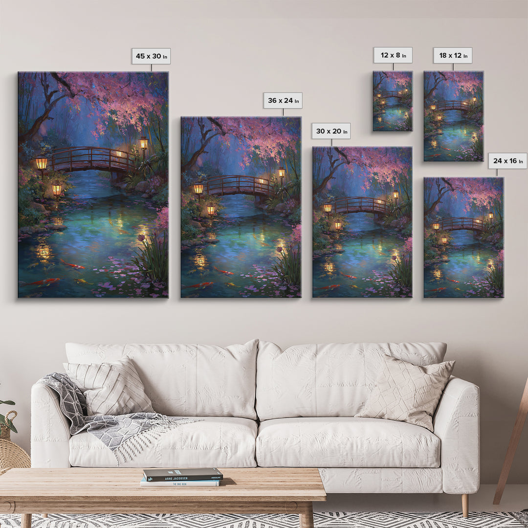 Serene Bridge Overpond With Glowing Lanterns And Koi Fish Wall Art Framed Canvas Print For Tranquil Home Decor