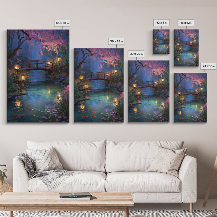 Serene Bridge Overpond With Glowing Lanterns And Koi Fish Wall Art Framed Canvas Print For Tranquil Home Decor