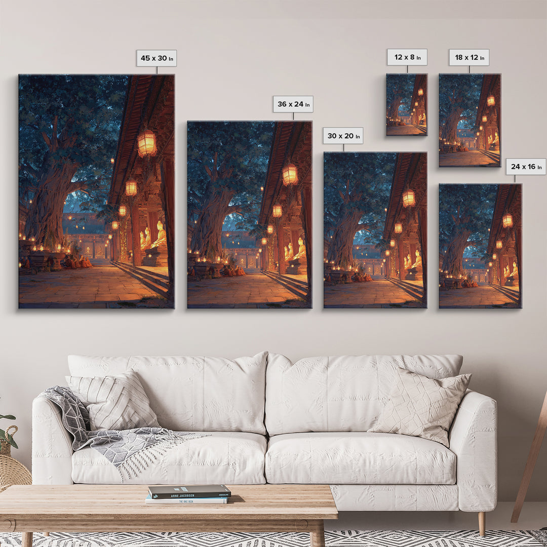 Peaceful Asian Temple And Monks At Dusk Digital Oil Painting Wall Art Canvas Print For Spiritual Home Decor