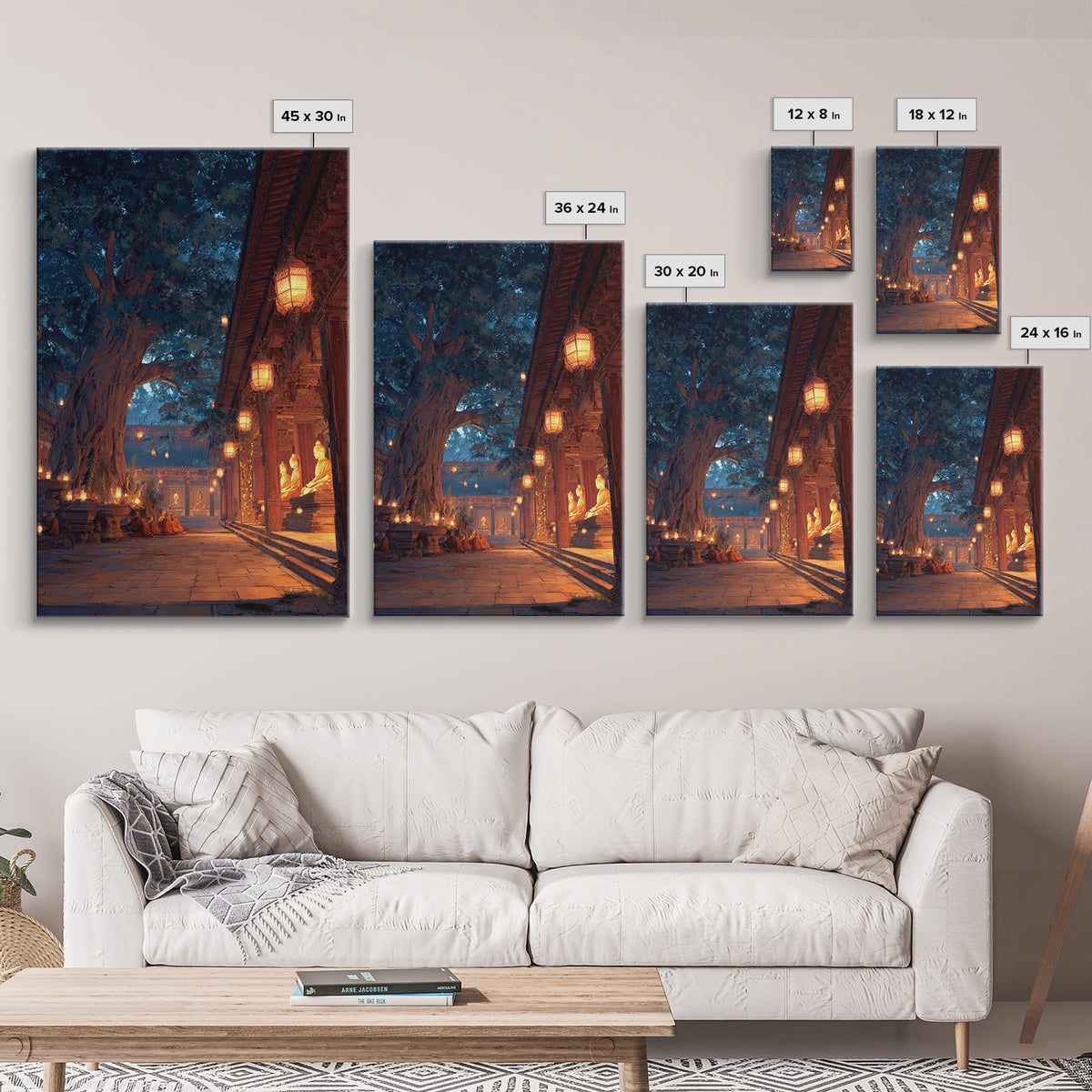 Peaceful Asian Temple And Monks At Dusk Digital Oil Painting Wall Art Canvas Print For Spiritual Home Decor
