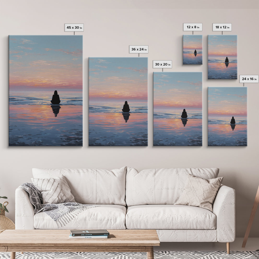 Serene Woman Meditating Beach Sunset Oil Painting Modern Wall Art Framed Canvas Print Peaceful Home Decor
