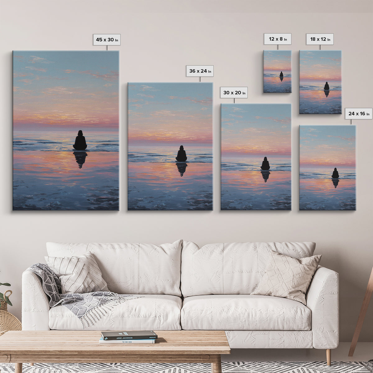 Serene Woman Meditating Beach Sunset Oil Painting Modern Wall Art Framed Canvas Print Peaceful Home Decor