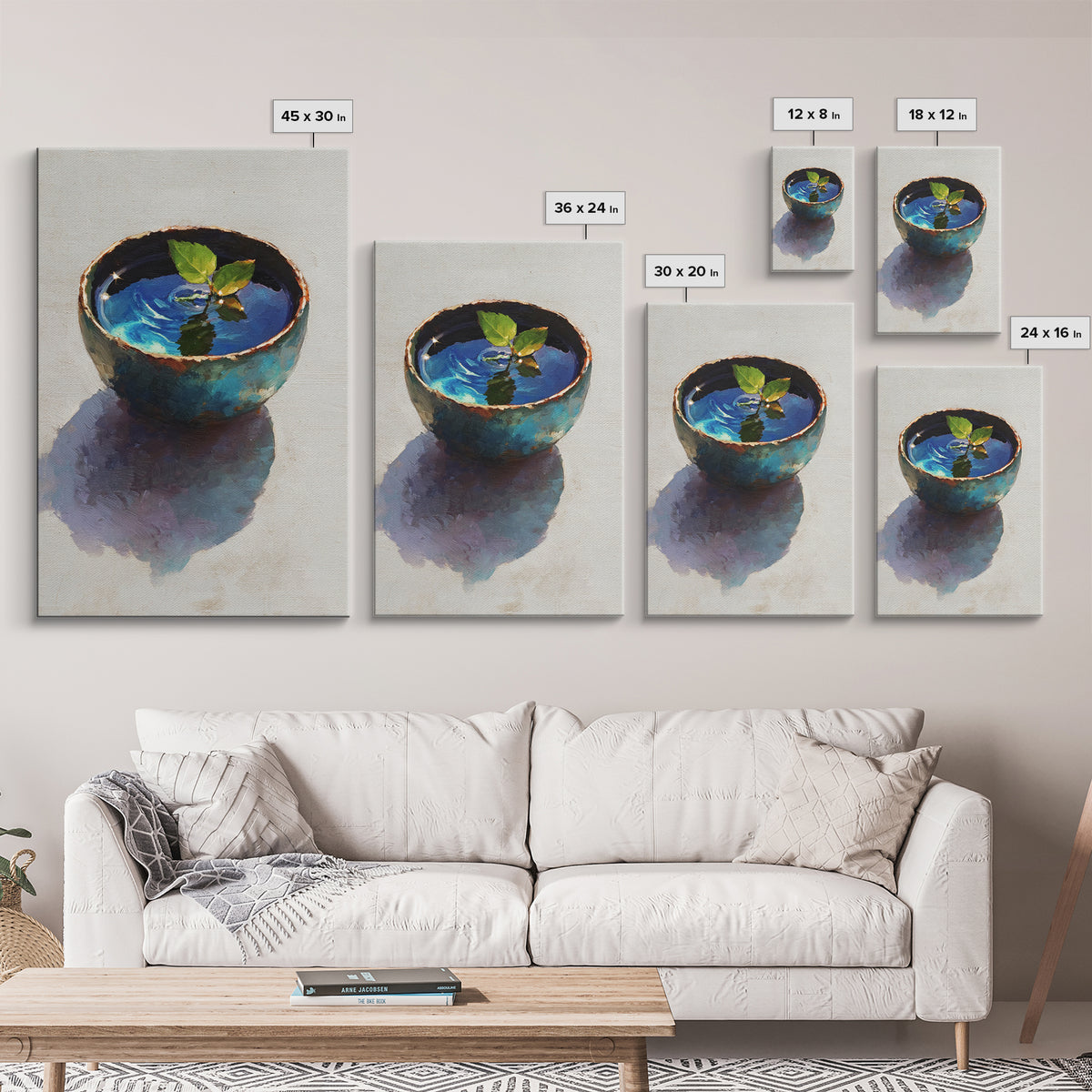 Rustic Blue Pottery Bowl With Leaf Reflection Oil Painting Framed Canvas Print For Home Decor And Wall Art