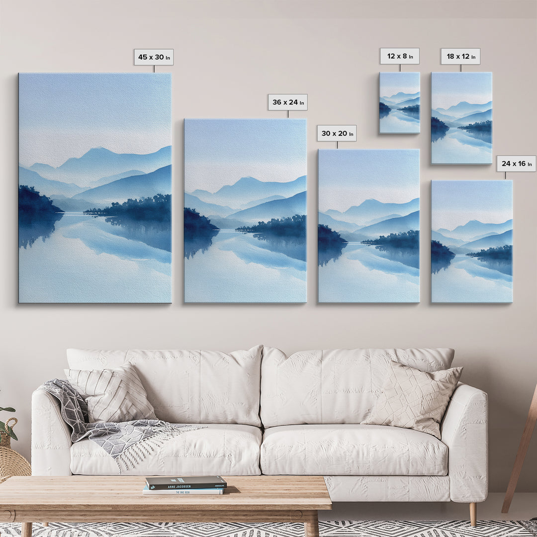 Tranquil Blue Mountain Landscape Painting Watercolor Style Canvas Print For Minimalist Bedroom And Office