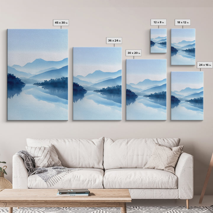 Tranquil Blue Mountain Landscape Painting Watercolor Style Canvas Print For Minimalist Bedroom And Office