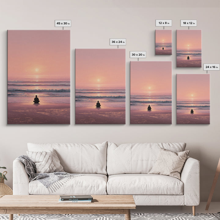 Meditative Seaside Sunset With Silhouette Sitting On Beach Wall Art Beautiful Ocean Canvas Print For Zen Home Decor