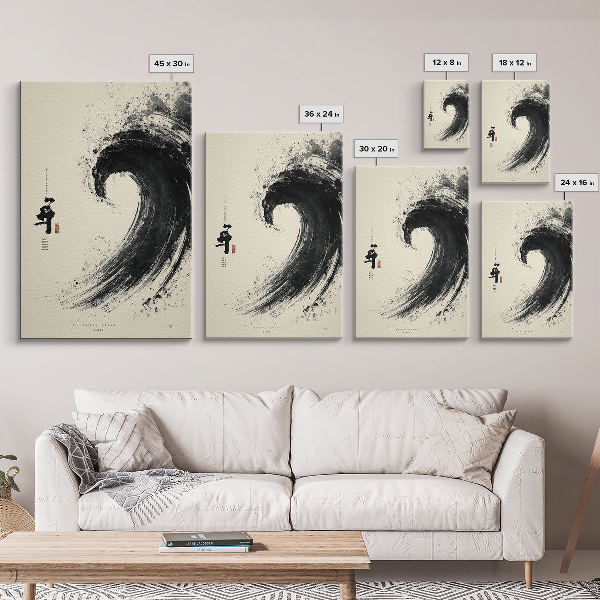 Serene Japanese Inspired Wave Ink Painting Minimalist Wall Art Framed Canvas Print
