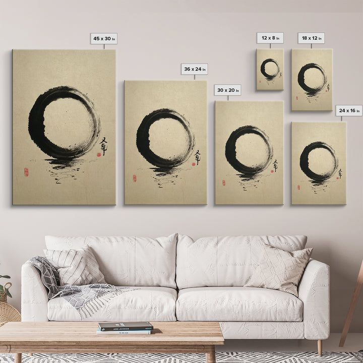 Elegant Minimalist Black Ink Enso Circle With Japanese Calligraphy Wall Art Print Framed Canvas Print For Modern Home Decor