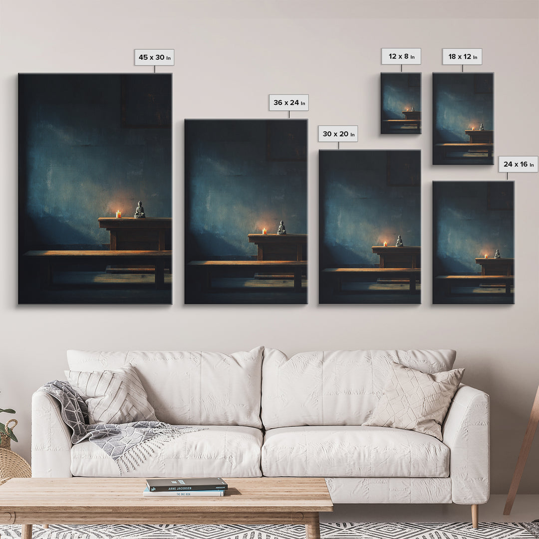 Serene Zen Meditation Room Wall Art Print With Buddha Statue And Candle Framed Canvas Print Minimalist Home Decor Tranquil Wall Art