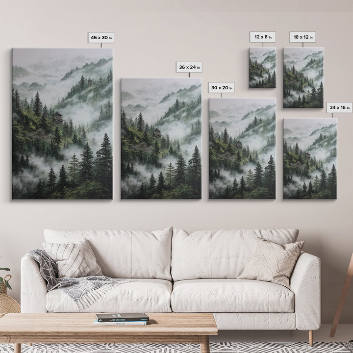 Mist Covered Mountain Landscape With Pine Trees And Hidden Cabin In The Forest Wall Art For Rustic Home Decor Canvas Print