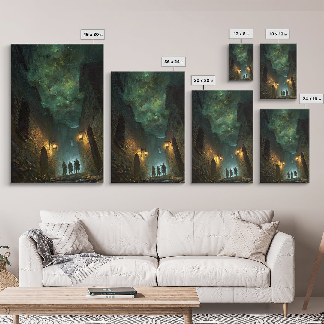 Dark Fantasy Alley Under Green Sky Wall Art, Gothic Cityscape, Magical Night Poster, Dungeons And Dragons Decor, Gift For Gamer