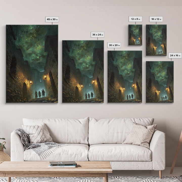 Dark Fantasy Alley Under Green Sky Wall Art, Gothic Cityscape, Magical Night Poster, Dungeons And Dragons Decor, Gift For Gamer