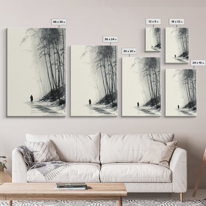 Minimalist Black And White Monochrome Painting Monk Walking In Bamboo Forest Wall Art Framed Canvas Print