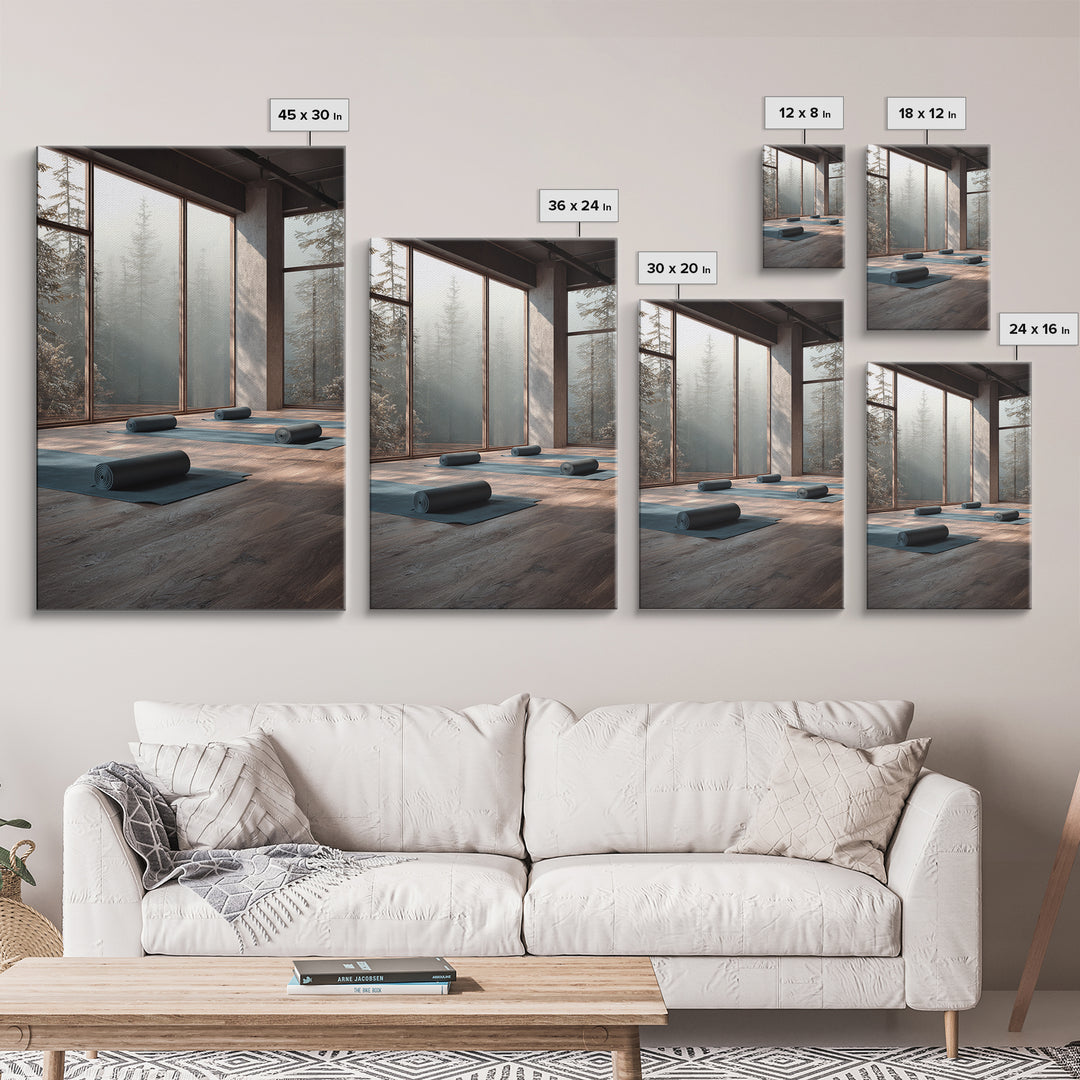 Tranquil Yoga Studio With Mountain View And Natural Light Wall Art Framed Canvas Print For Fitness And Wellness Spaces