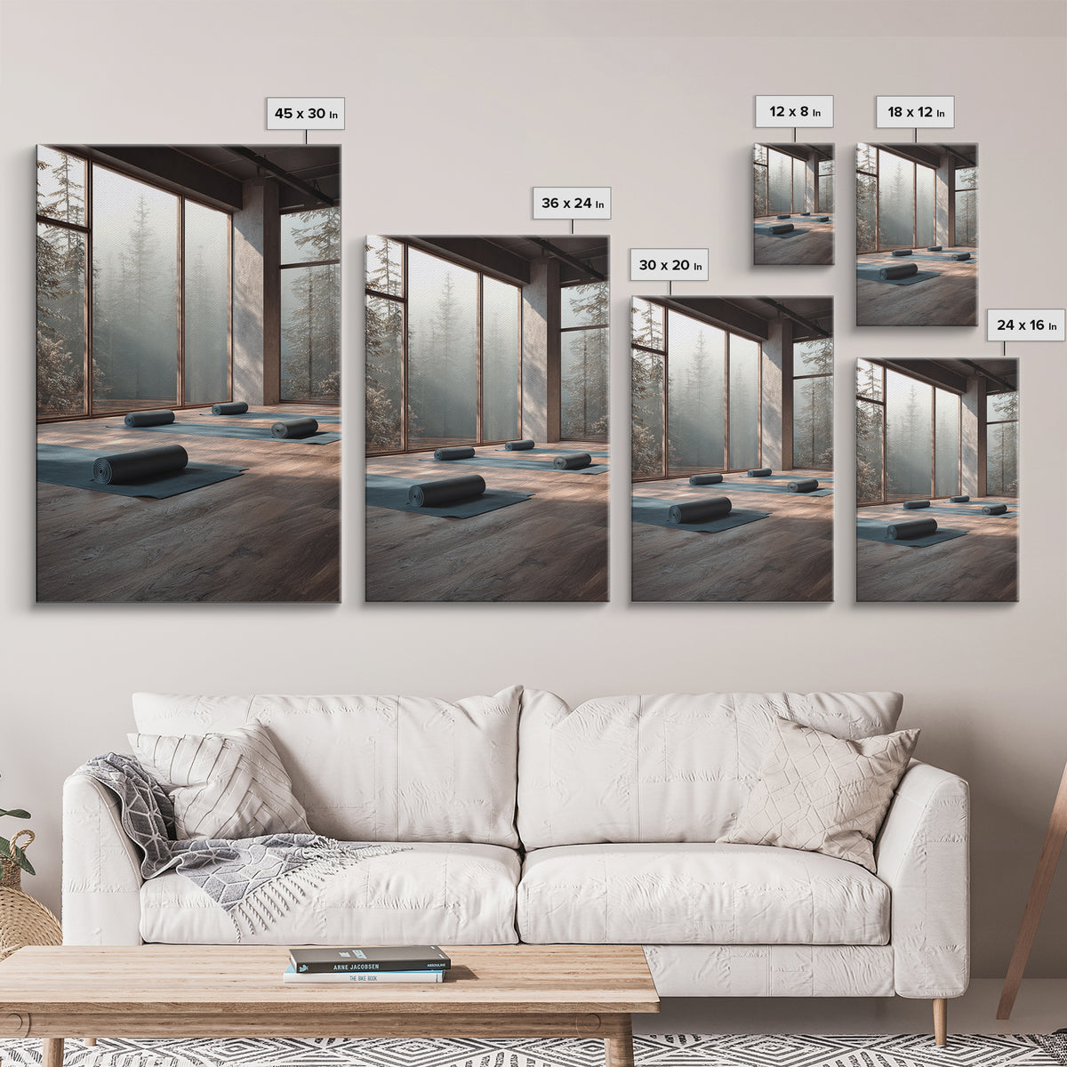 Tranquil Yoga Studio With Mountain View And Natural Light Wall Art Framed Canvas Print For Fitness And Wellness Spaces