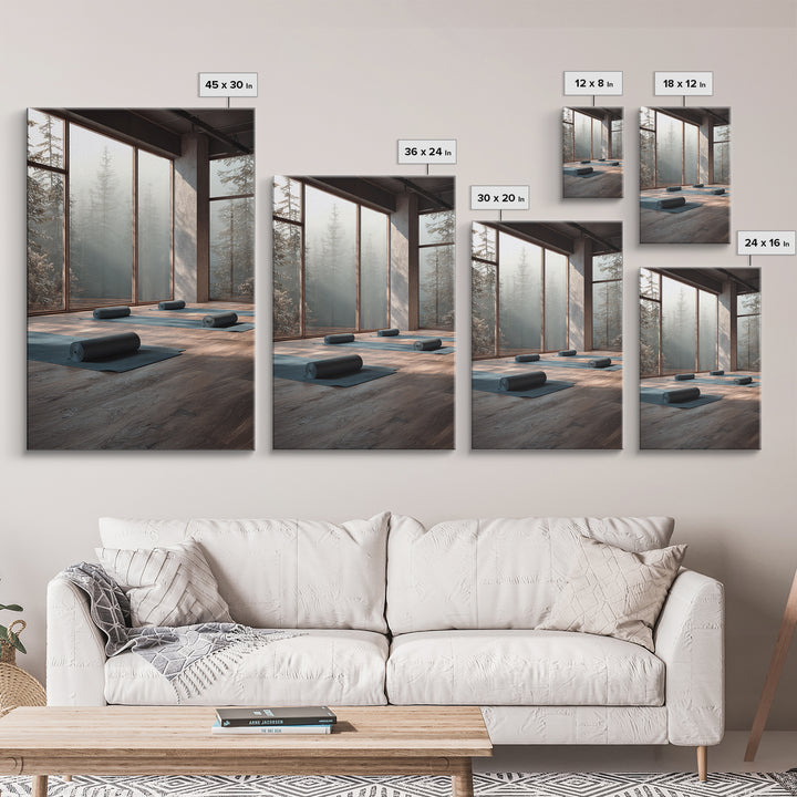Tranquil Yoga Studio With Mountain View And Natural Light Wall Art Framed Canvas Print For Fitness And Wellness Spaces