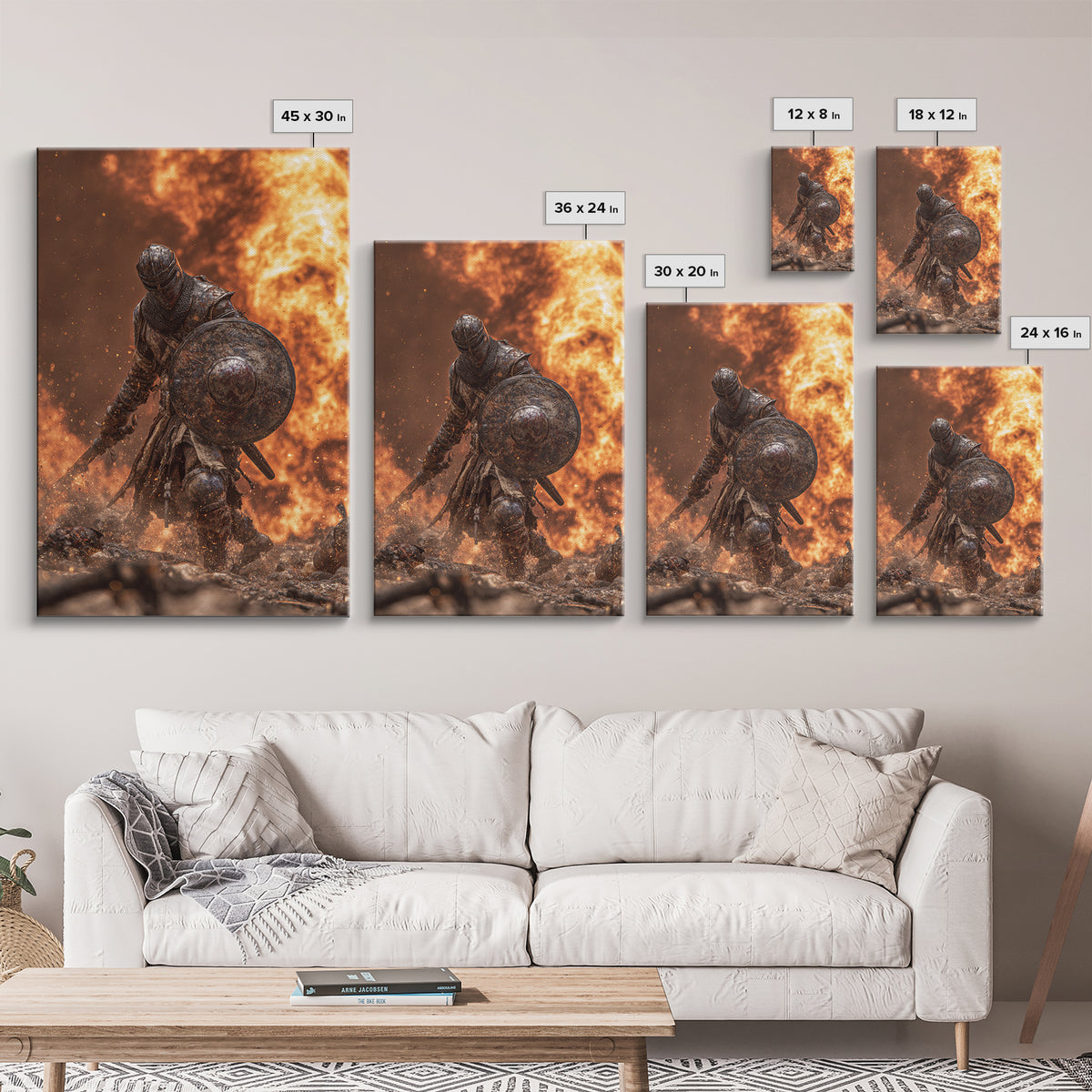 Armored Knight In Fiery Battle Framed Canvas Print, Dark Fantasy Wall Art, Medieval Warrior Decor, Gaming Room Gift For Him