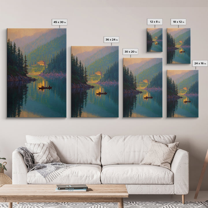 Serene Mountain Lake Landscape With Canoe Reflection Wall Art For Living Room Decor