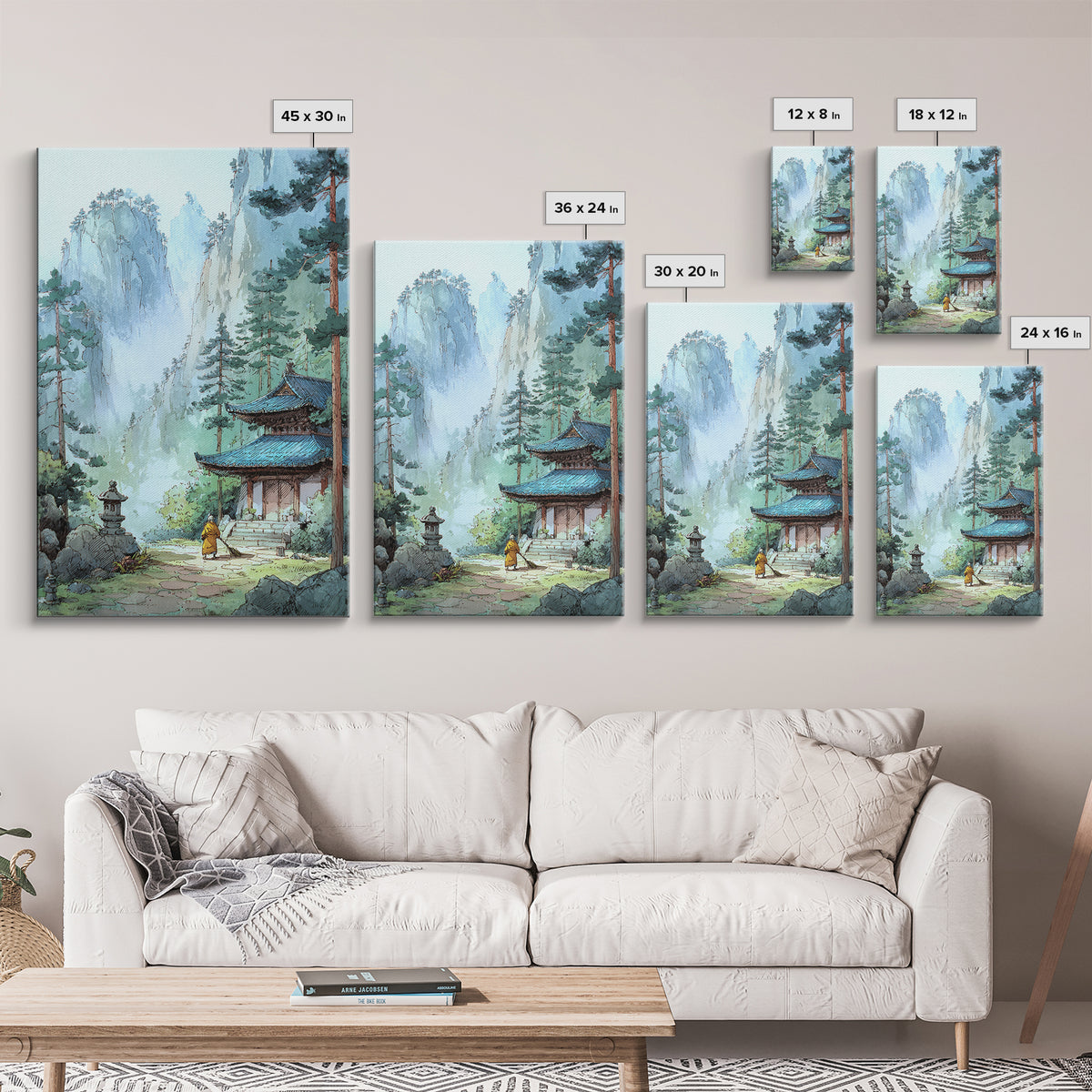 Serene Asian Temple Landscape With Misty Mountains And Lush Trees Wall Art Framed Canvas Print For Home Decor