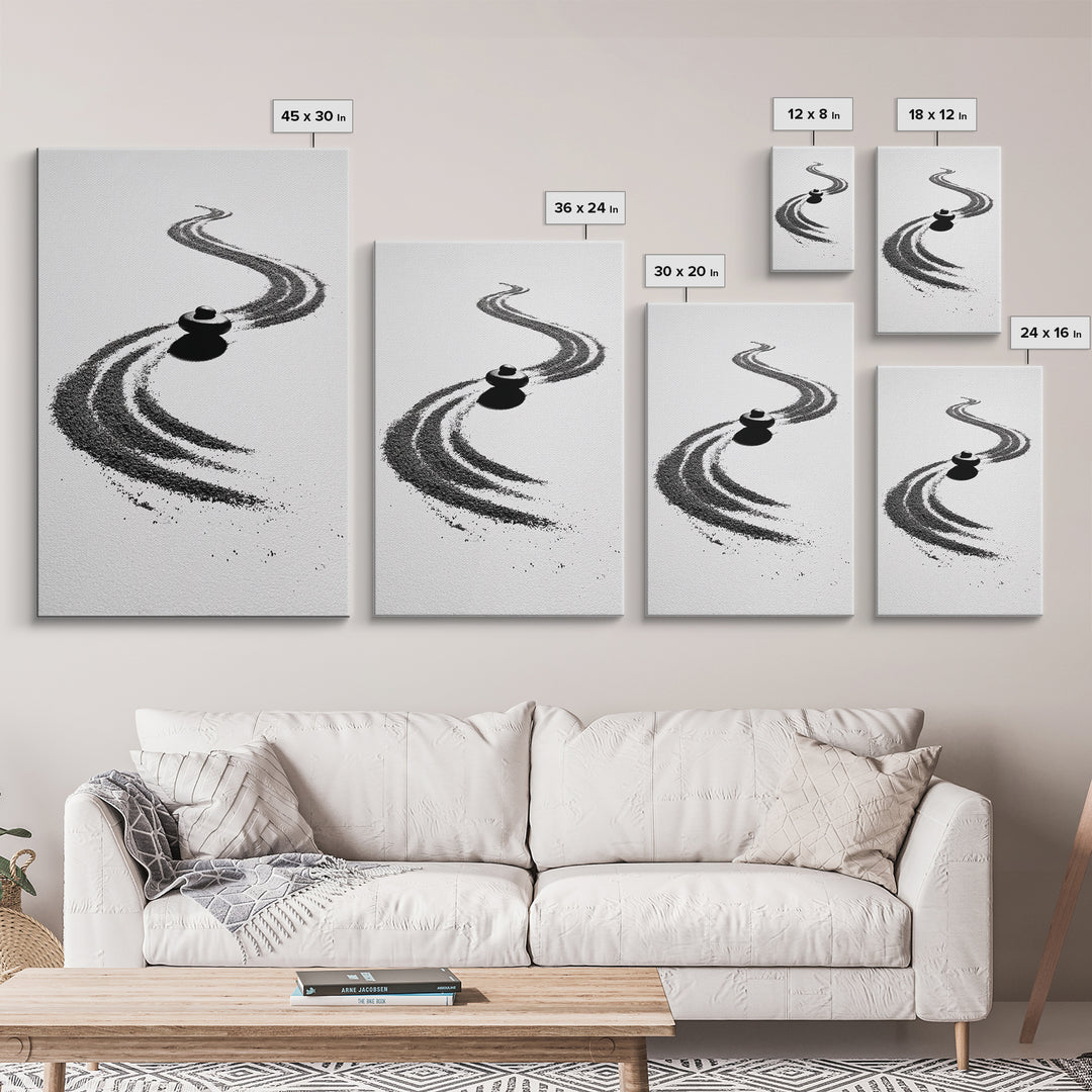 Zen Inspired Minimalist Sand And Stone Artwork Black And White Canvas Print For Modern Meditation Room Wall Art