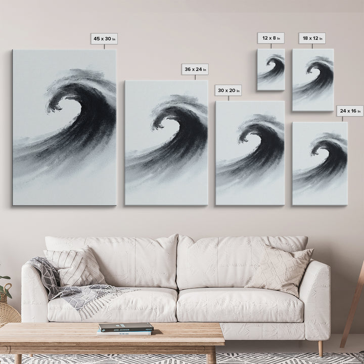 Black And White Ink Style Wave Abstract Art Minimalist Wall Art Print For Modern Office Decor Framed Canvas Print