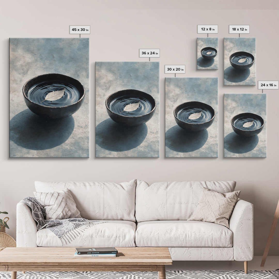 Minimalist Zen Black Bowl With Leaf Floating On Water Ripple Texture Wall Art Framed Canvas Print For Peaceful Home Decor