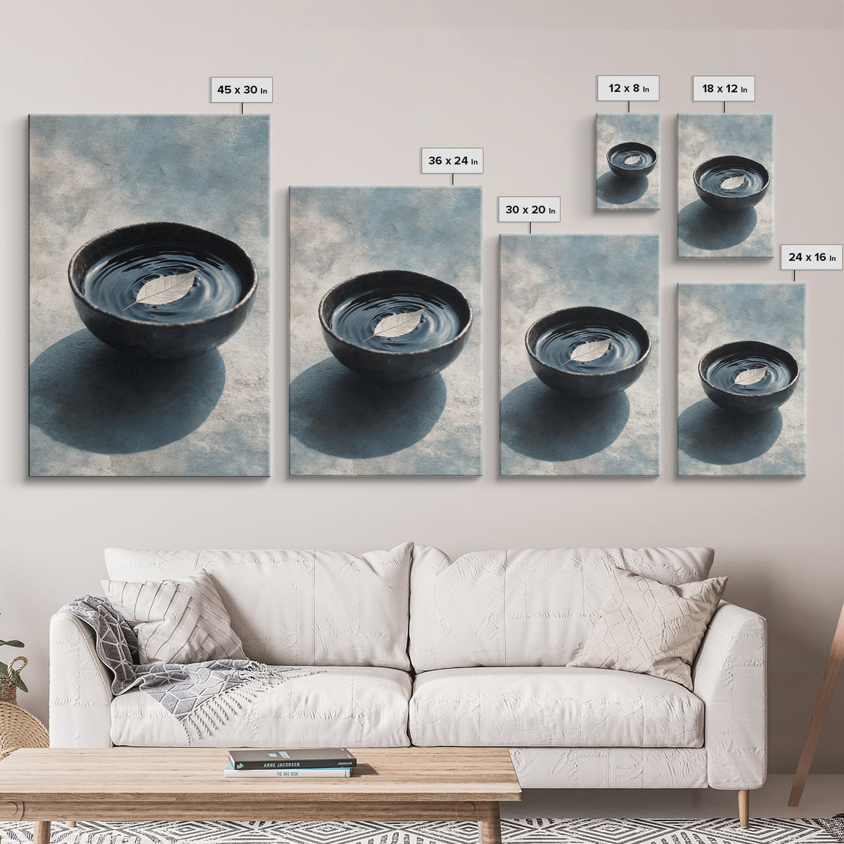Minimalist Zen Black Bowl With Leaf Floating On Water Ripple Texture Wall Art Framed Canvas Print For Peaceful Home Decor
