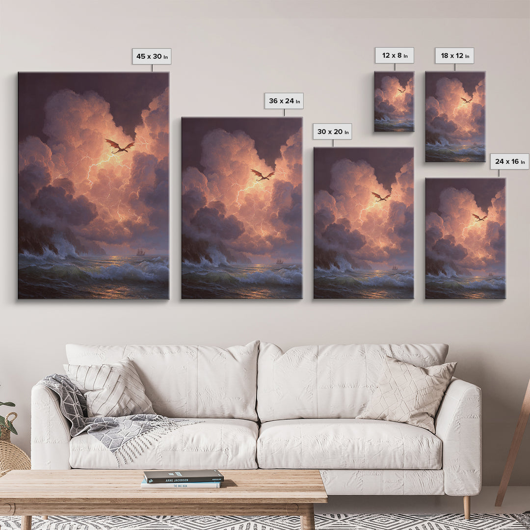 Storm Dragon Over Lightning Seas Wall Art Fantasy Seascape Canvas Print For Gothic Decor Dragon Art And Moody Coastal Room