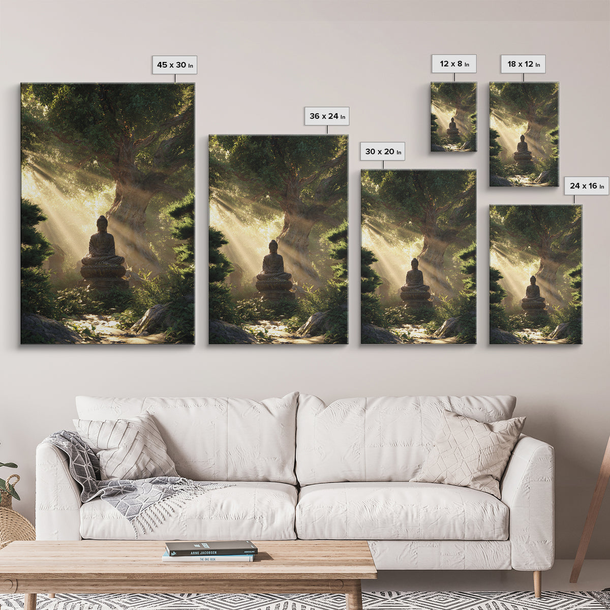 Buddha Statue Meditation Nature Sunbeams Forest Wall Art Canvas Print For Spiritual Home Decor Framed Art